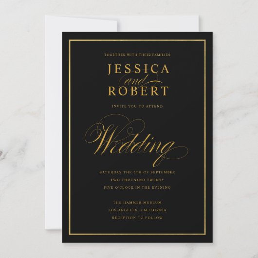 Invitation Élégant Script Faux Gold Bordure Mariage noir (Devant)