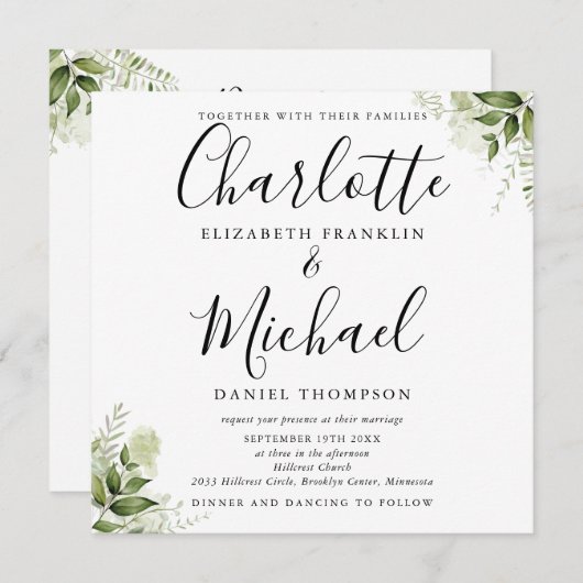 Invitation Élégant Script Feuille Tout en un Mariage (Devant / Derrière)