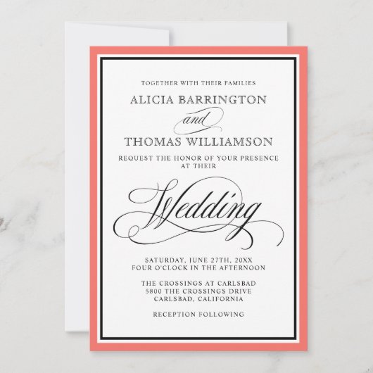 Invitation Élégant script fleurit avec bordure de corail (Devant)