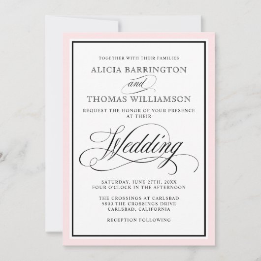Invitation Élégant script fleurit avec bordure rose pâle (Devant)