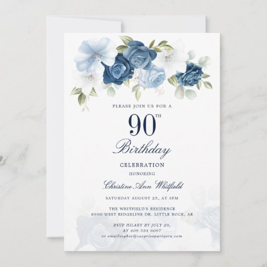 Invitation Élégant Script Floral 90e anniversaire (Devant)