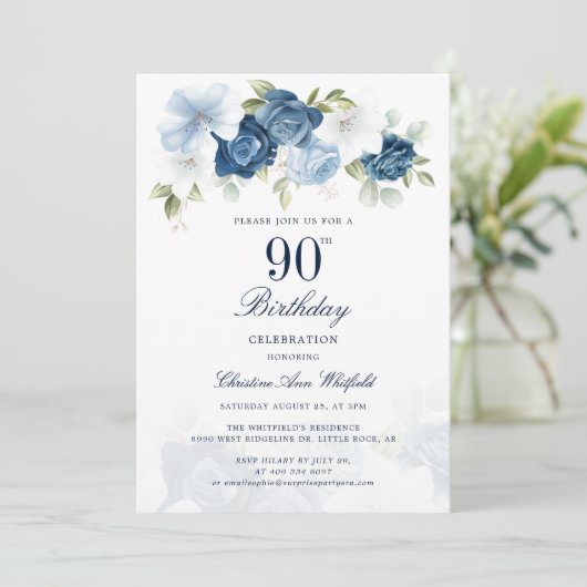 Invitation Élégant Script Floral 90e anniversaire (Debout devant)