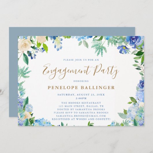 Invitation Élégant script floral Dusty Blue Engagement Party (Devant / Derrière)