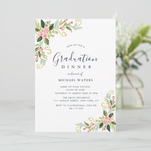 Invitation Elegant script floral graduation dinner (Debout devant)