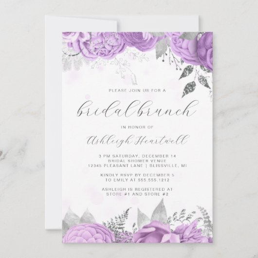 Invitation Élégant Script Floral Lilac Silver Bridal Brunch (Devant)