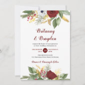 Invitation Élégant Script Floral Rouge Or tout en un Mariage (Devant)
