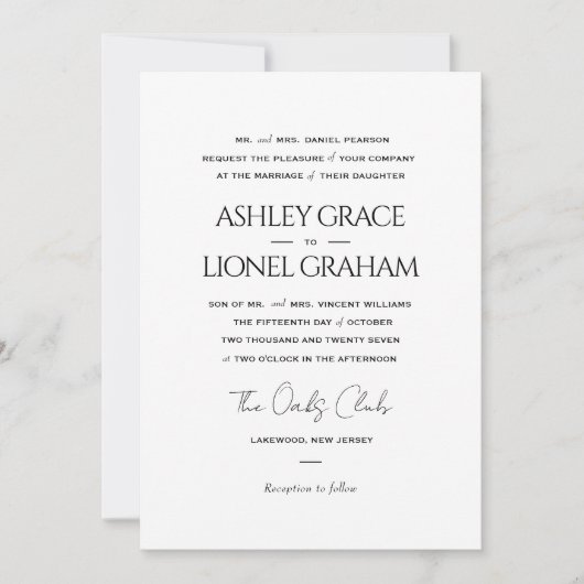 Invitation Élégant Script formel classique Simple Mariage (Devant)