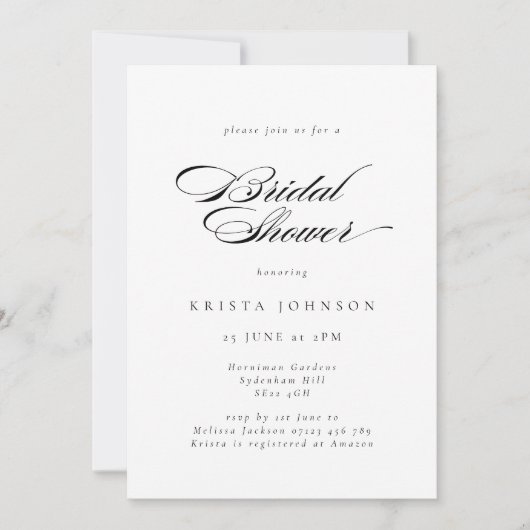 Invitation Élégant script formel Fête des mariées noir & blan (Devant)