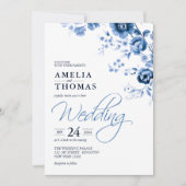 Invitation Élégant Script Français Blue Floral Toile Mariage (Devant)