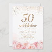 Invitation Elegant script gold & blush floral 50th birthday (Devant)