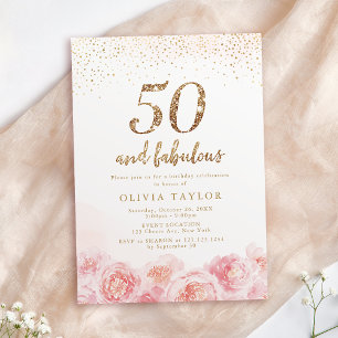 Invitation Elegant script gold & blush floral 50th birthday