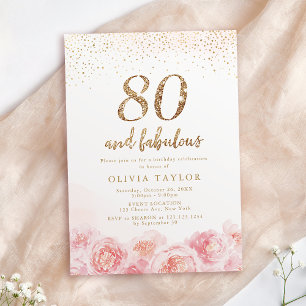 Invitation Elegant script gold & blush floral 80th birthday