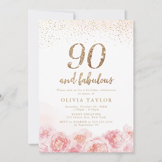 Invitation Elegant script gold & blush floral 90th birthday (Devant)