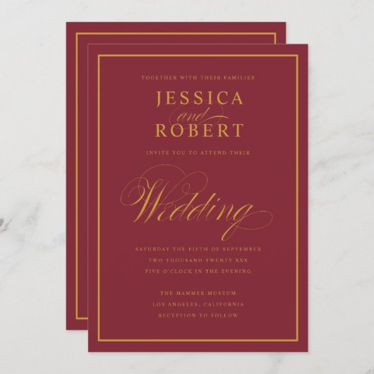 Invitation Élégant Script Gold Bordure Merlot Mariage Bourgog (Devant / Derrière)