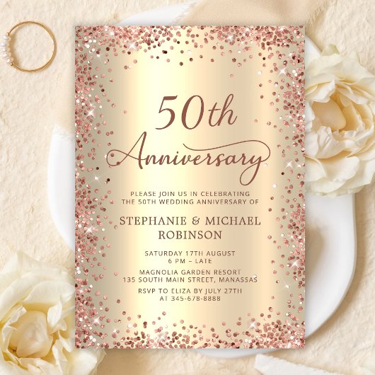 Invitation Élégant Script Gold Foil 50e anniversaire Mariage
