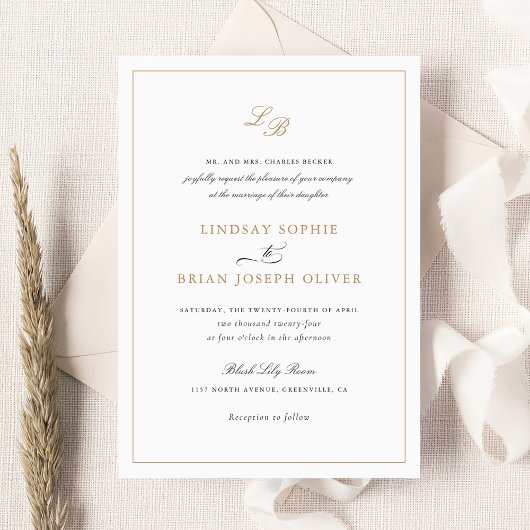 Invitation Élégant Script Gold Monogramme Mariage moderne