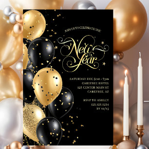 Invitation Élégant Script Gold Noir Nouvel An Réveillon