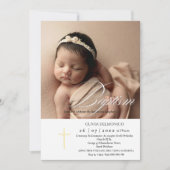 Invitation Élégant Script Golden Overlay Cross Photo Baptism (Devant)