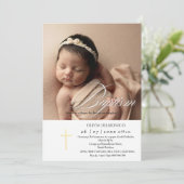 Invitation Élégant Script Golden Overlay Cross Photo Baptism (Debout devant)