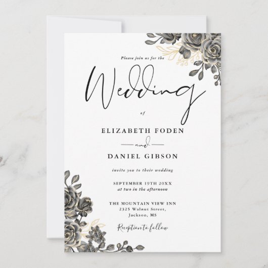 Invitation Élégant script gothique roses floral mariage (Devant)