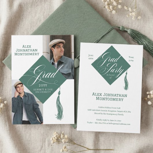 Invitation Elegant Script Grad Cap Tassel Graduation Photo