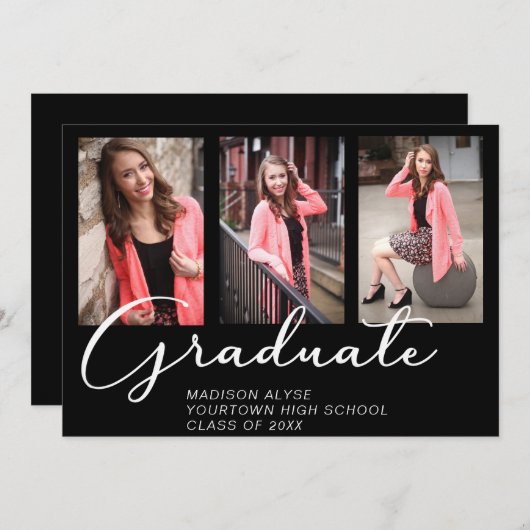 Invitation Élégant Script Graduation 3 Photo Noir (Devant / Derrière)
