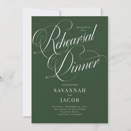 Invitation Élégant Script Green Rehearsal Dîner (Devant)