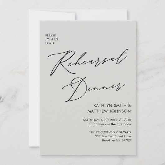 Invitation Élégant Script Grey Chic Rehearsal Diner Code QR (Devant)