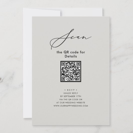 Invitation Élégant Script Grey Chic Rehearsal Diner Code QR (Dos)