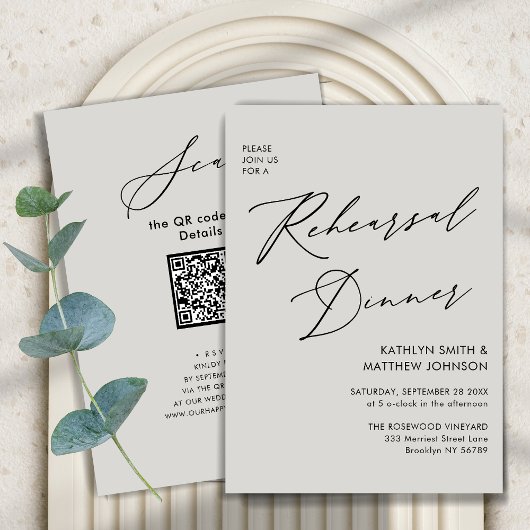Invitation Élégant Script Grey Chic Rehearsal Diner Code QR