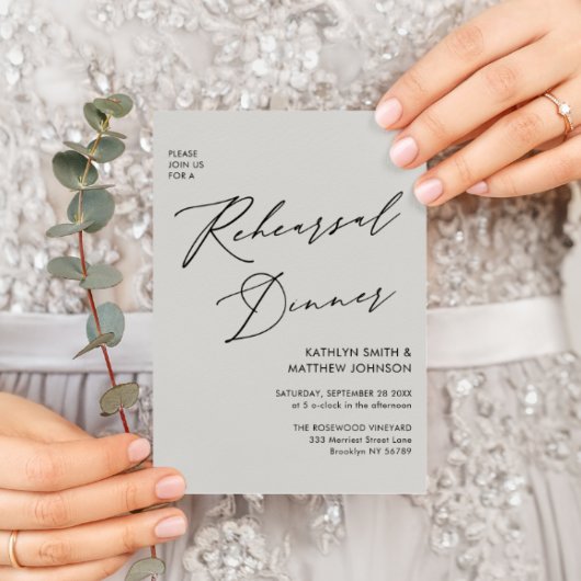 Invitation Élégant Script Grey Chic Rehearsal Diner Code QR