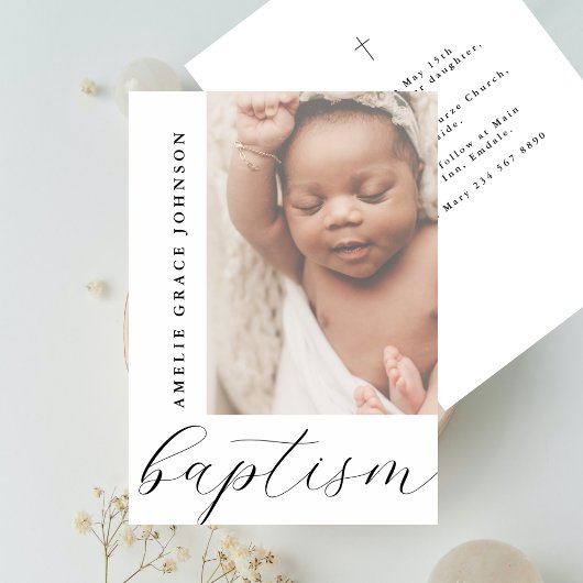 Invitation Elegant Script Hazy Baby Photo Religious Baptism