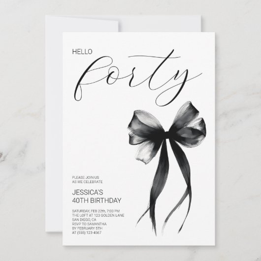 Invitation Elegant Script Hello Forty Bow 40th Birthday Party (Devant)