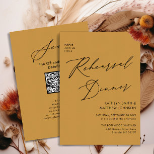Invitation Élégant Script Honey Gold Rehearsal Dîner QR