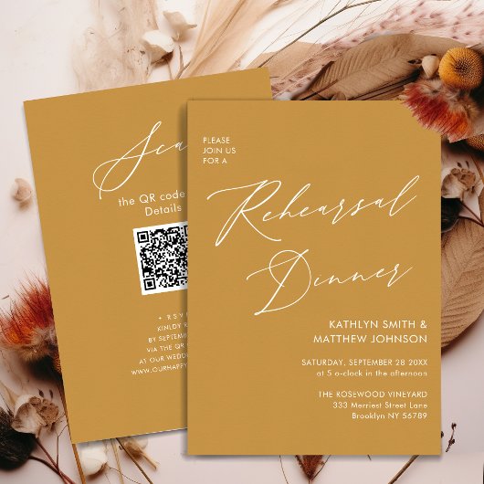 Invitation Élégant Script Honey Gold Rehearsal Dîner QR
