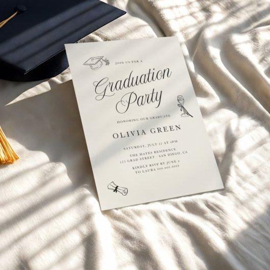 Invitation Élégant Script Illustré Graduation Party