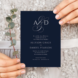 Invitation Élégant script initial Monogramme Mariage bleu mar