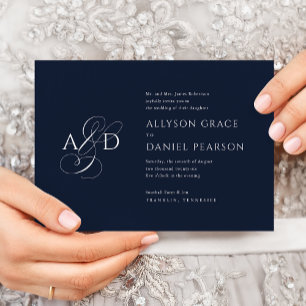 Invitation Élégant script initial Monogramme Mariage bleu mar