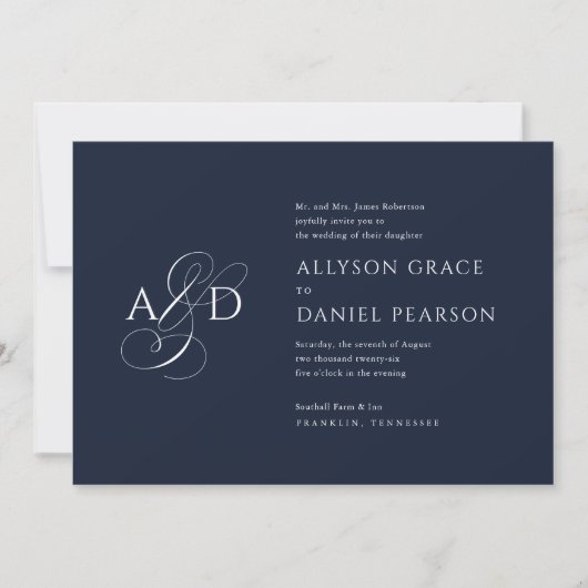 Invitation Élégant script initial Monogramme Mariage bleu mar (Devant)