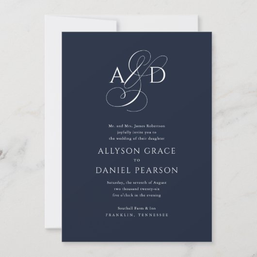 Invitation Élégant script initial Monogramme Mariage bleu mar (Devant)