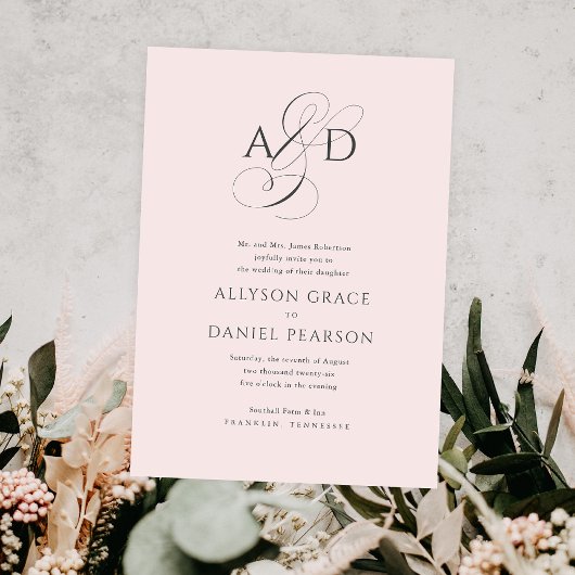 Invitation Élégant script initial Monogramme Mariage rose pâl