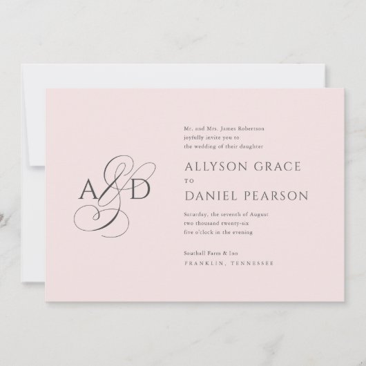 Invitation Élégant script initial Monogramme Mariage rose pâl (Devant)