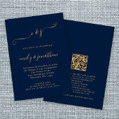 Invitation Élégant Script Initiales Marine Gold QR Code Maria