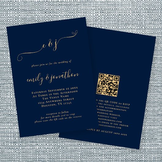 Invitation Élégant Script Initiales Marine Gold QR Code Maria