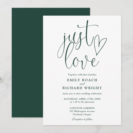 Invitation Élégant script Just Love Emerald Green Mariage (Devant / Derrière)