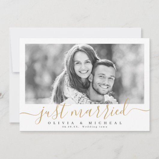 Invitation Élégant script "juste marié" mariage photo moderne (Devant)