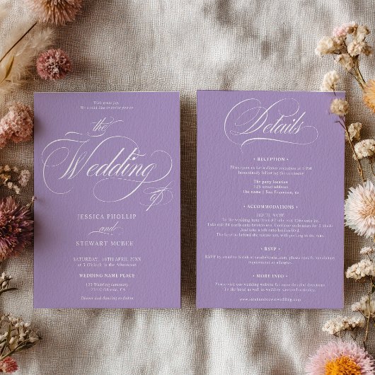 Invitation Élégant script lavande tout en un Mariage