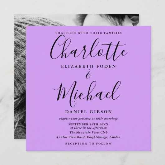 Invitation Élégant Script Lavender Lilac Orchid Mariage Photo (Devant / Derrière)