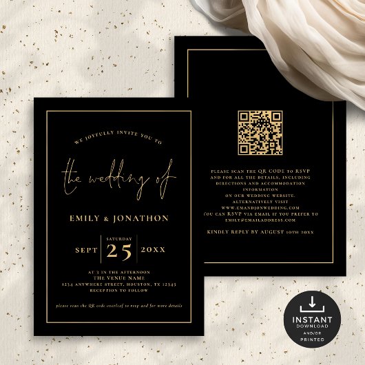 Invitation Élégant Script Line QR Code Black Gold Mariage