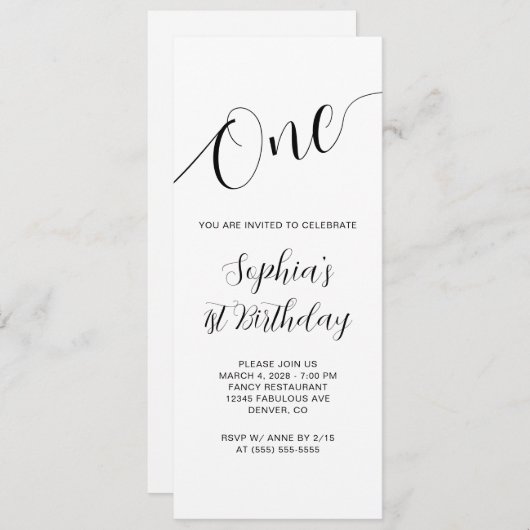 Invitation Élégant script manuscrit 1er anniversaire (Devant / Derrière)